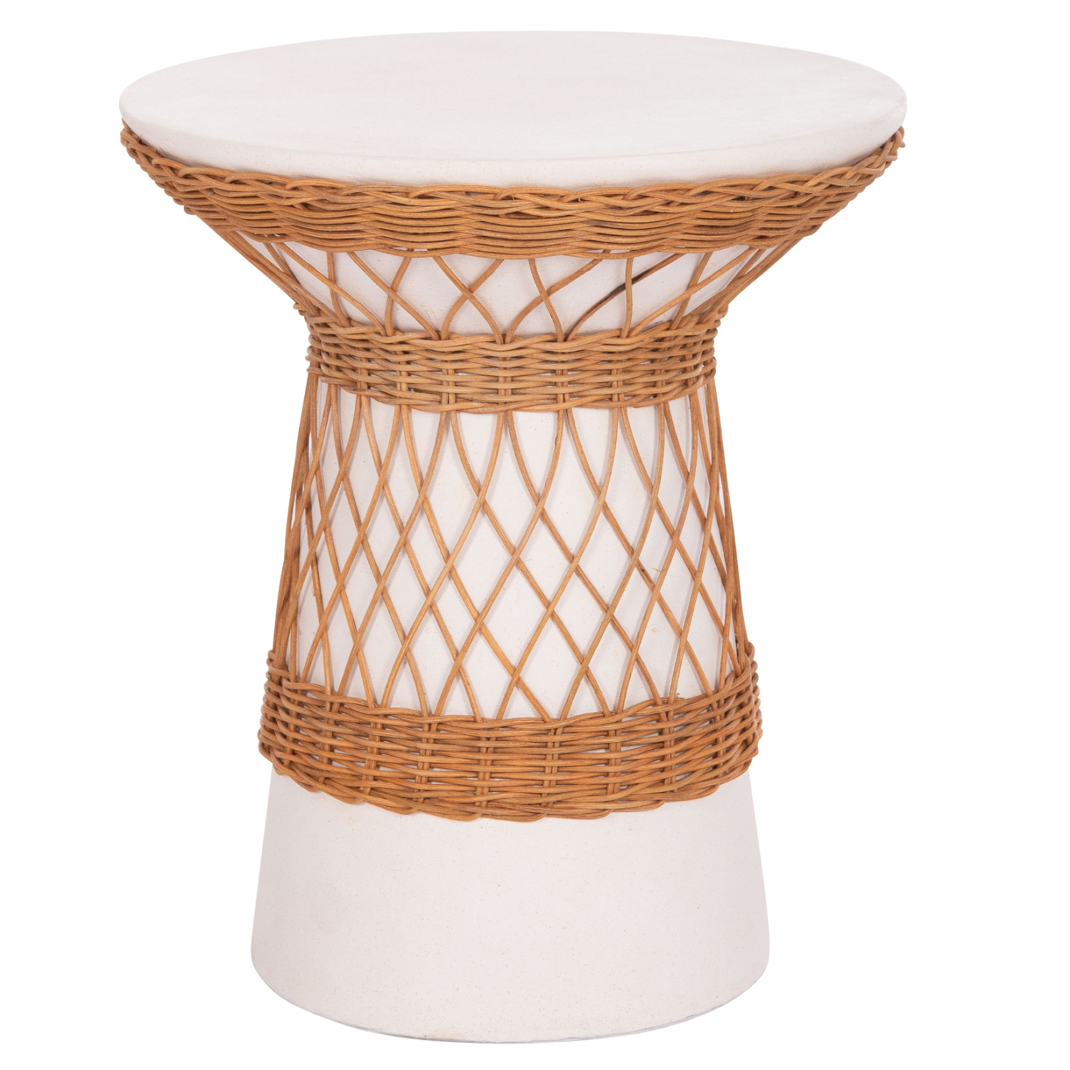 boithitiko-trapezi-stroggylo-fb91816702-1-1 ΒΟΗΘΗΤΙΚΟ ΤΡΑΠΕΖΙ ΣΤΡΟΓΓΥΛΟ DELIA HM18167.02 FIBER CEMENT ΛΕΥΚΟ & RATTAN Φ40x45Υεκ - Image 1