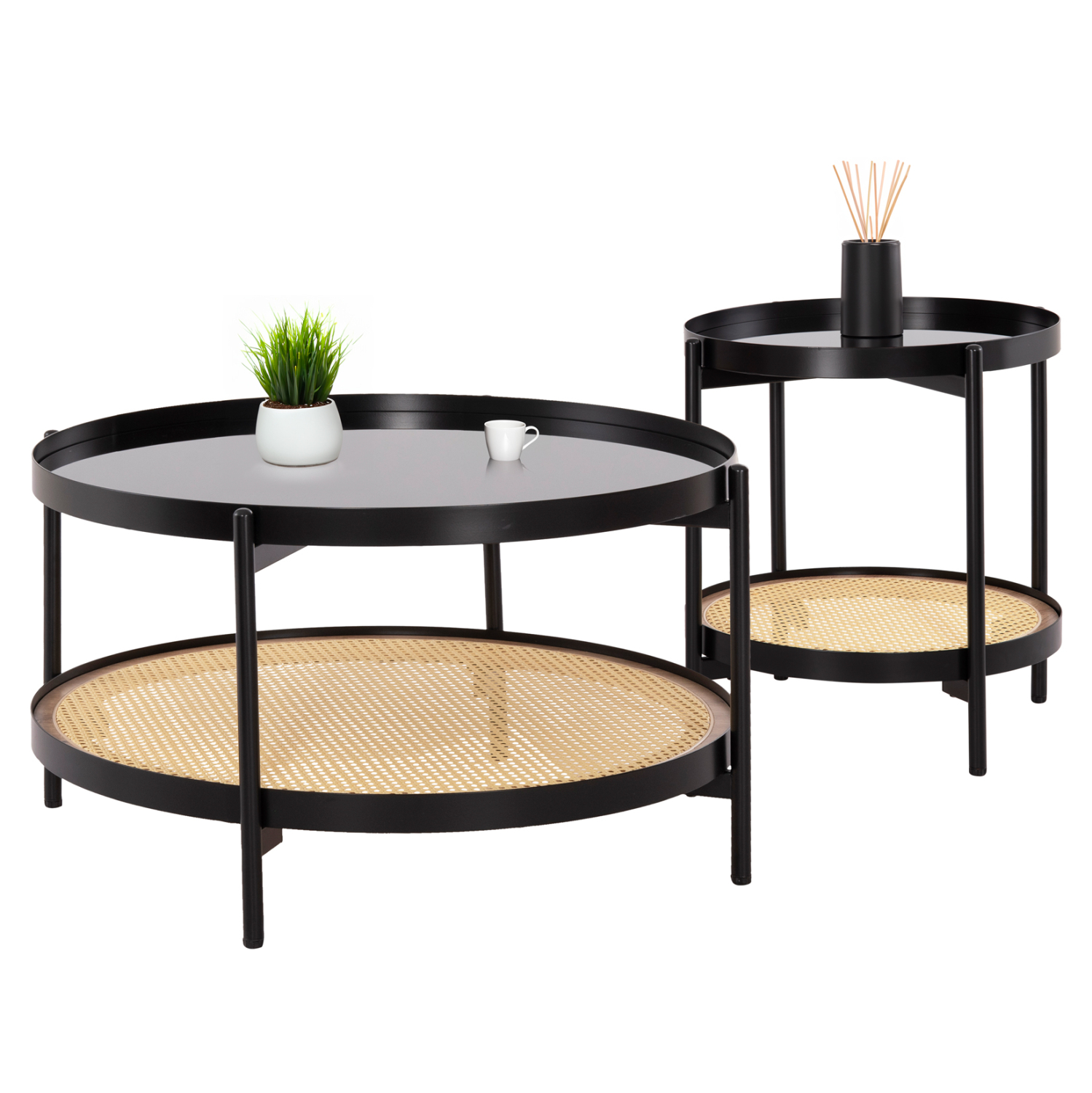 set-2tmch-trapezia-salonioy-fb921086-met ΣΕΤ 2ΤΜΧ ΤΡΑΠΕΖΙΑ ΣΑΛΟΝΙΟΥ SEITZ HM21086 ΜΕΤΑΛΛΟ-ΣΥΝΘΕΤΙΚΟ RATTAN Φ80εκ & Φ50εκ - Image 1